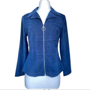 Vintage 70s blue jacket size 6. Feels like ultrasuede, ring zipper dart collar